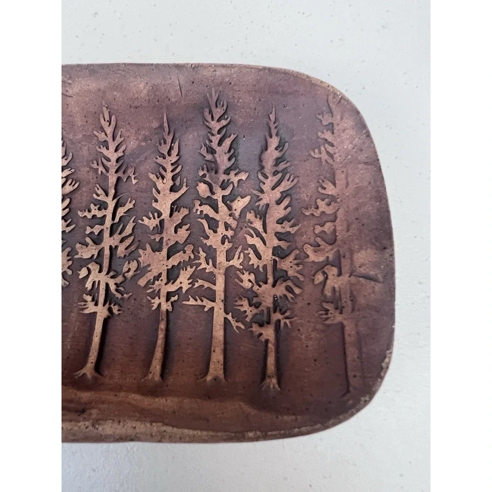 Handmade Studio Pottery Pine Tree Forest Tray Rustic Woodland Trinket Dish 9.25